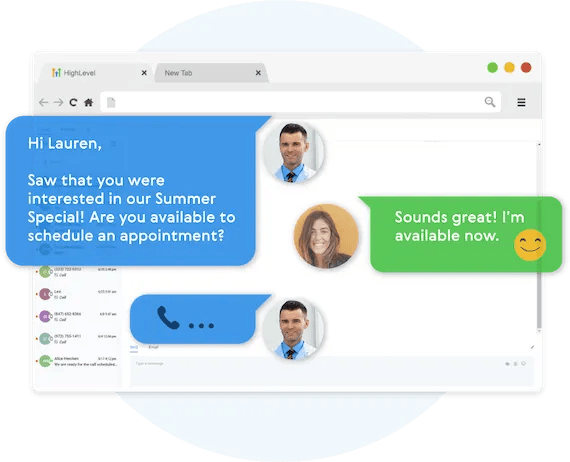 Unified conversation inbox showing SMS, email, and chat in one view